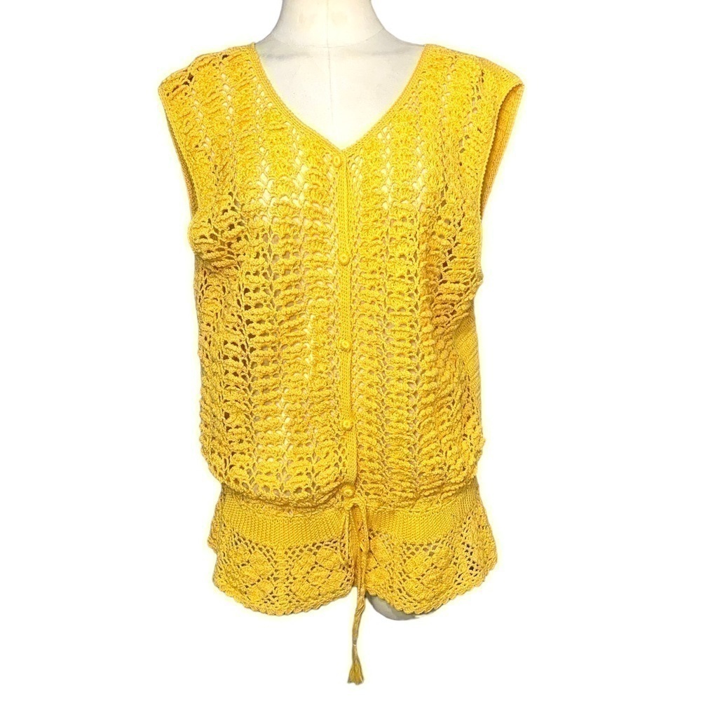 Vintage Kroshetta Crochet Knit Sweater Yellow Sz L Front Button V-Neck